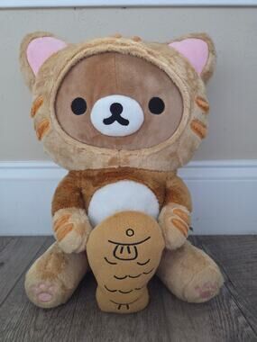 Rilakkuma Plush Toy San-X Cat Costume Holding Taiyaki Fish Soft Stuffed Animal